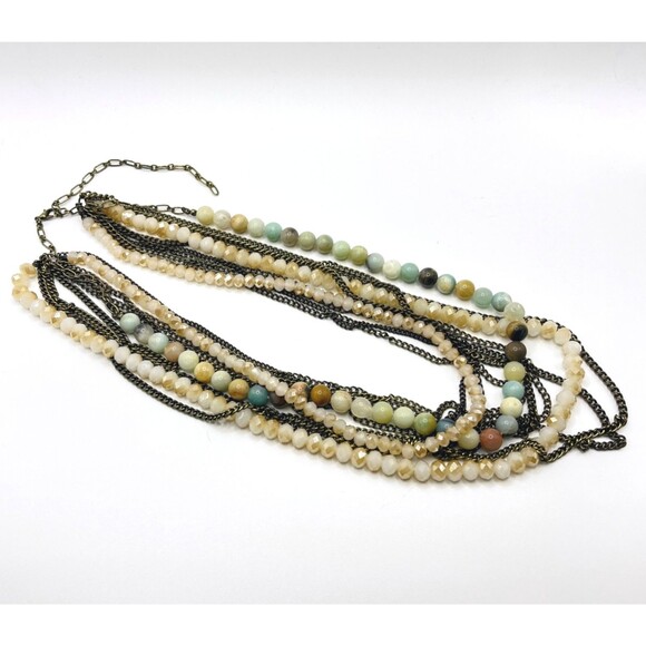 Multi-Strand Statement Necklace Gemstone Glass Beads Layered Chunky Antiqued - Picture 9 of 12